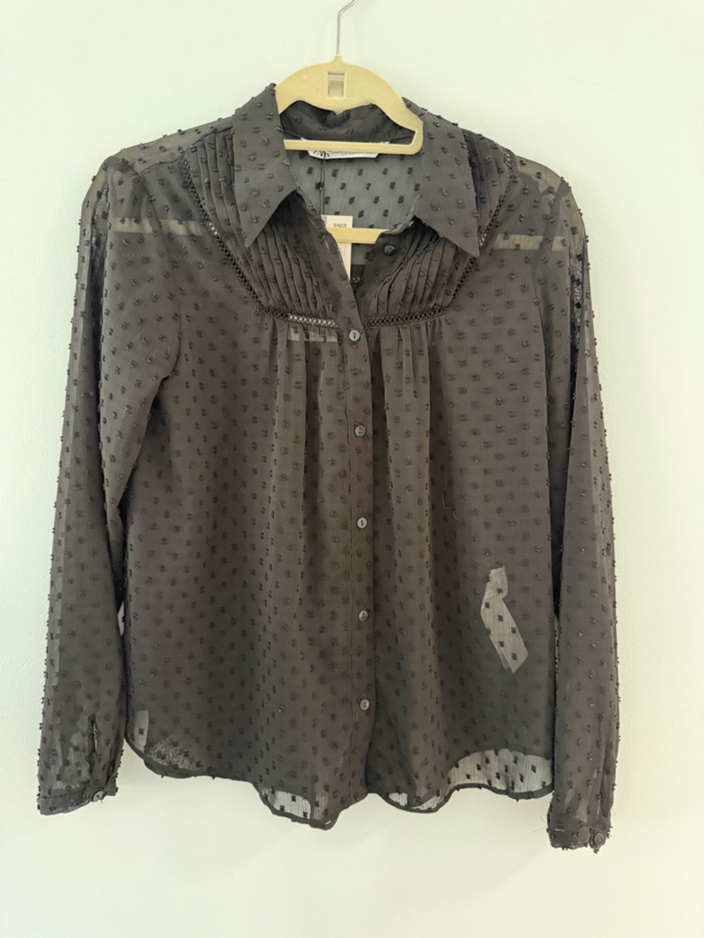 Zara Black Sheer Swiss Dot Button-Up Blouse